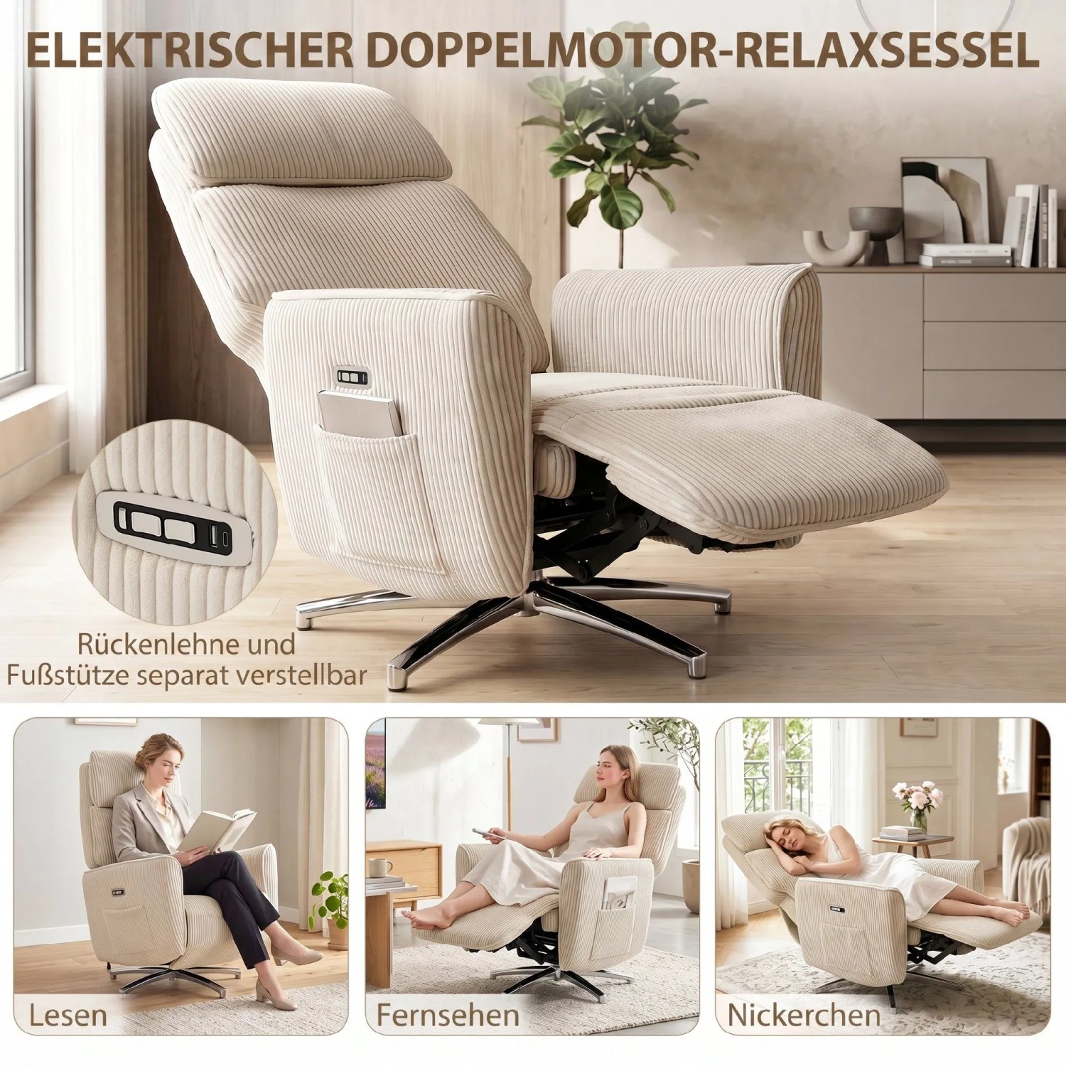 Cremeweißer HOMCOM Relaxsessel mit Cordstoff, elektrischer Doppelmotor-Verstellung, ausziehbarer Fußstütze und 360°-Drehfunktion.