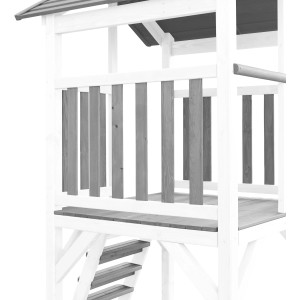 Detailansicht: Axi Beach Tower Spielturm mit Klettergerüst, Schaukel und Rutsche.