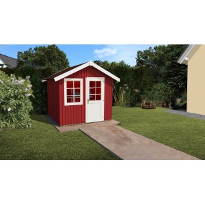 Rotes Weka Holz-Gartenhaus mit Satteldach und weißer Tür im Garten.