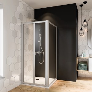 Breuer Falttür Fara, Alu Silber Matt, 80 cm, für kleine Bäder. Duschtür mit Einscheibensicherheitsglas.