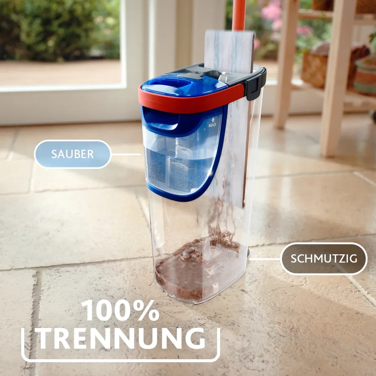 Vileda H2PrO Eimer mit Zweikammer-System für Flachwischer: Sauberes und schmutziges Wasser getrennt.