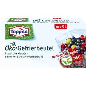 Toppits Gefrierbeutel 3L, 30er Pack. Öko-Gefrierbeutel aus nachwachsenden Rohstoffen für die Lebensmittelaufbewahrung.