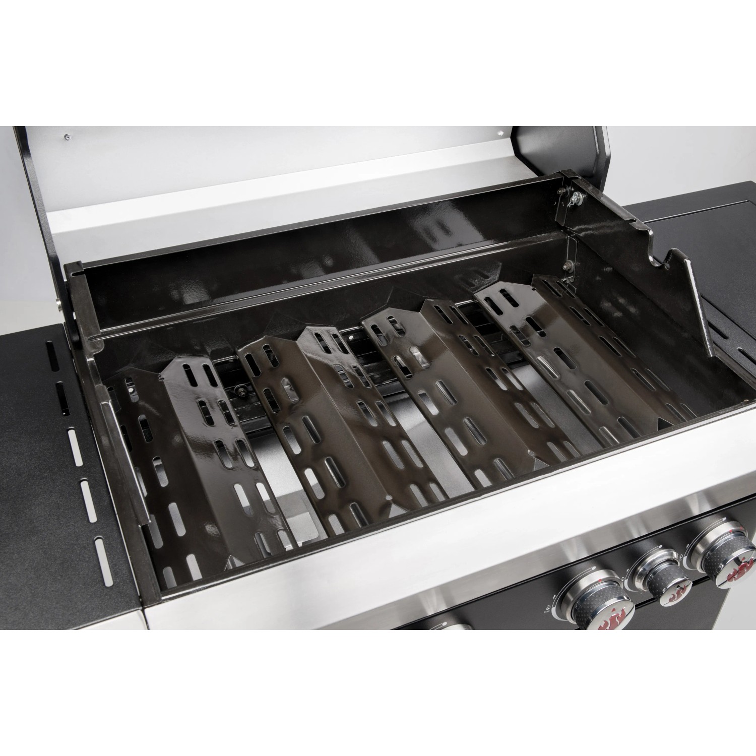 Innenansicht Landmann Gasgrill Rexon PTS 4.1 mit Brennerabdeckung.
