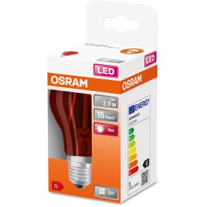 Osram LED-Leuchtmittel E27 in roter Glühlampenform, 2,5W, in Produktverpackung.