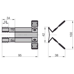 Technische Zeichnung: Basi Rollladenklemme RK 100, Maße und Details zur Montage der Rollladensicherung.