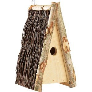 Vogelnistkasten aus Birke mit Reisigdach, Einflugloch und Aufhänger.