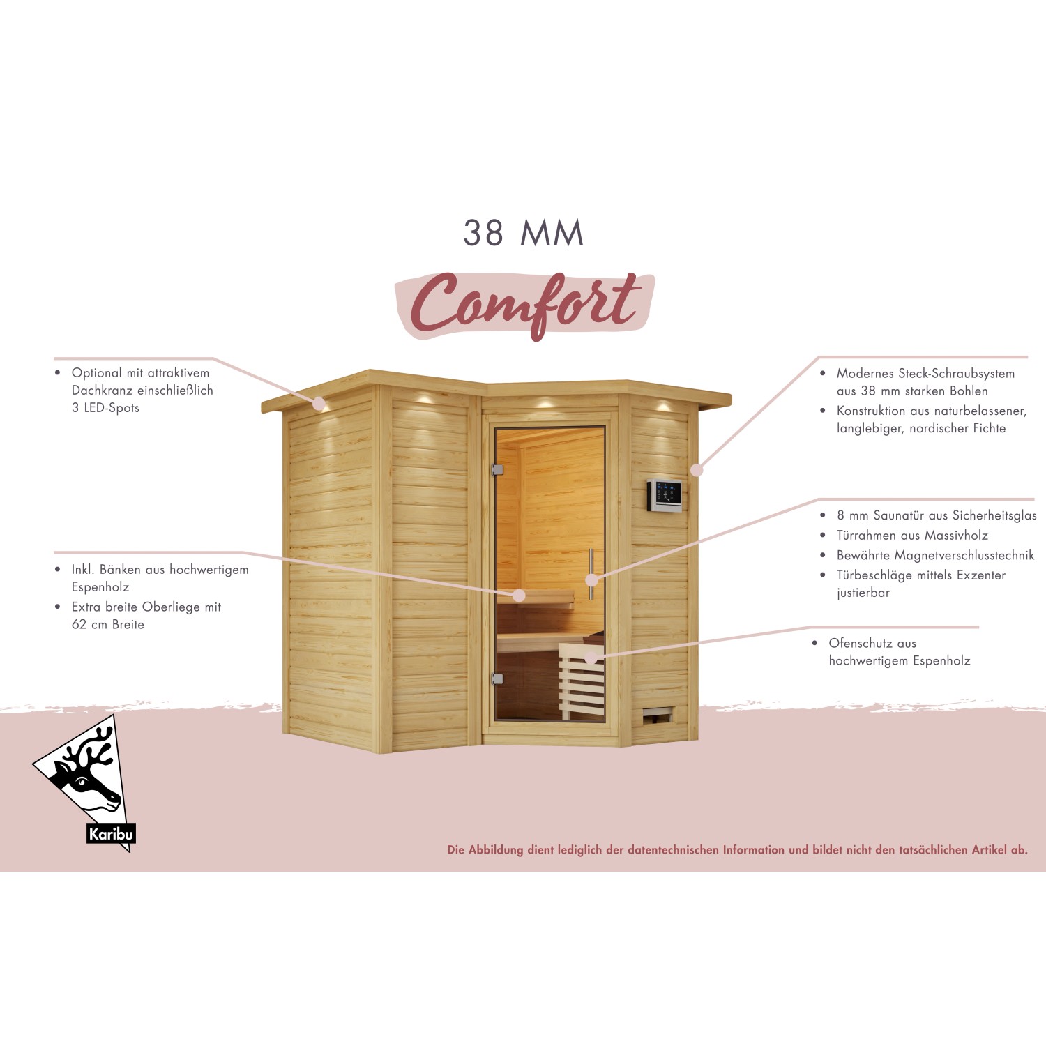 Karibu Sauna Steena 2 aus Fichte mit Ofen und externer Steuerung. Massivholzsauna mit Glaseingang.