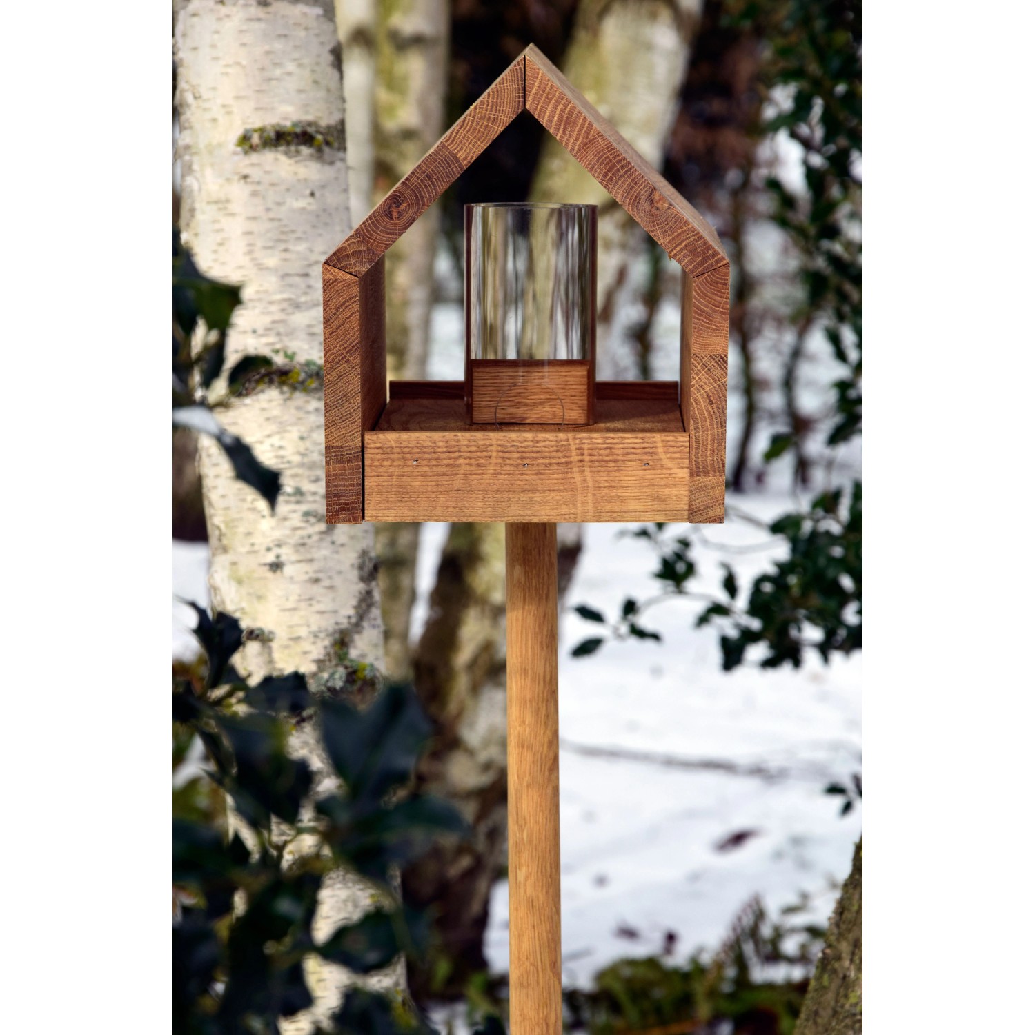 Dobar Design Vogelhaus Bauhaus mit Ständer aus Eichenholz und Acrylglas-Futterspender.