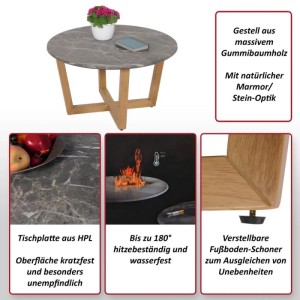 Runder Couchtisch M61 in Marmor/Stein-Optik mit hellem Holzgestell und Dekoration.