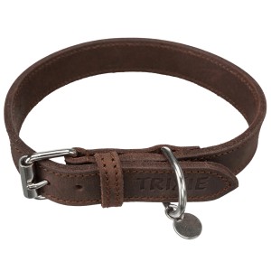 Dunkelbraunes Trixie Fettleder-Halsband Rustic, verstellbar von 34-40 cm, mit D-Ring und kleinem Anhänger.