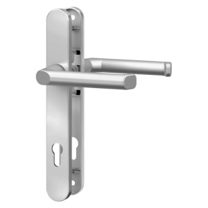 Basi Schmalrahmen Garnitur SR 4100, silbernes Aluminium, runde L-Türklinken, PZ Lochung für Profiltüren.