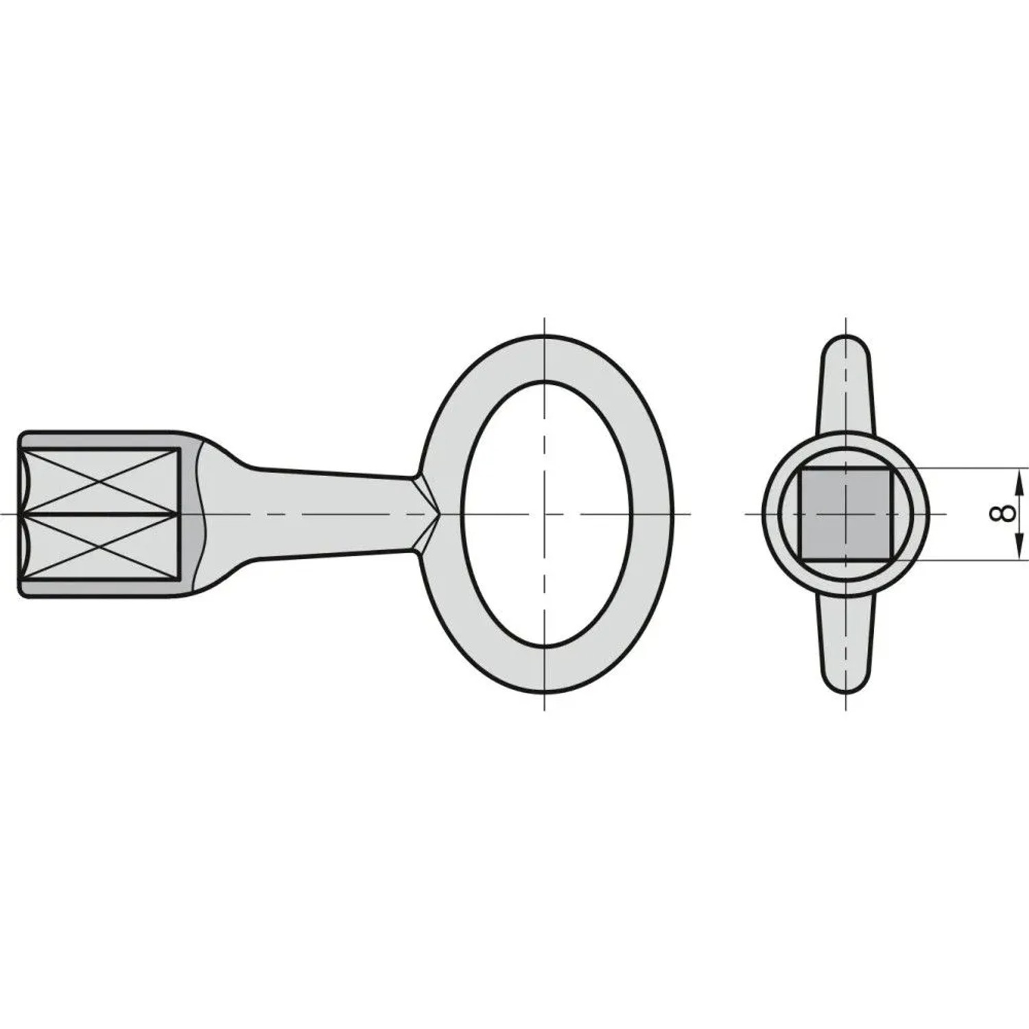 Basi Dornschlüssel, technische Zeichnung. 8mm Vierkant für Zylinder, Müllbehälter, Absperrpfosten.