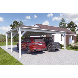 Holzbrüder Doppelcarport Ralf, reinweiß mit dunkelbraunem Blechdach, bietet Platz für zwei Autos.