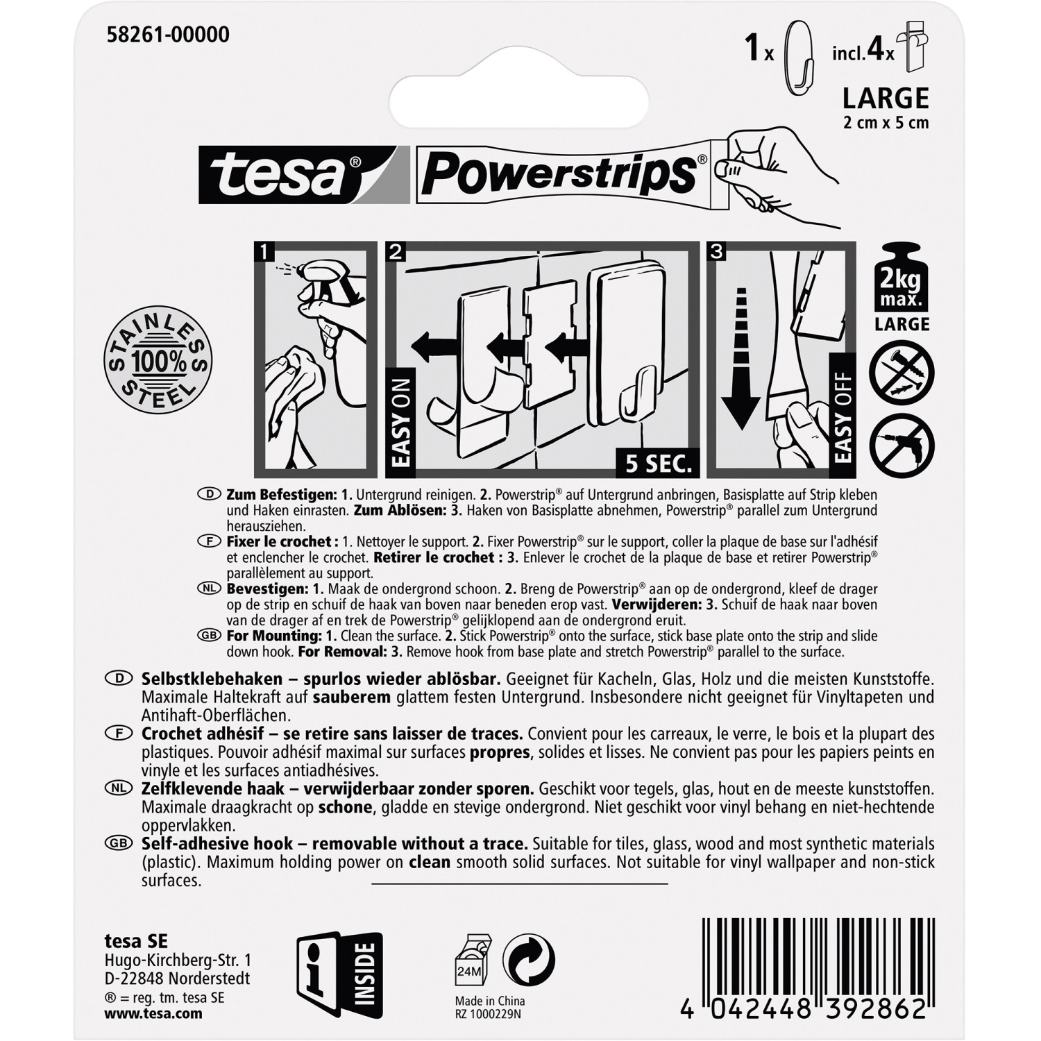 Tesa Edelstahl Klebehaken oval mit Powerstrips, Packung mit Montageanleitung.