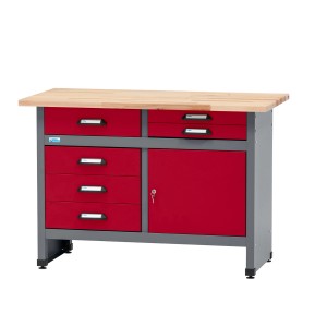 Küpper Werkbank, dunkelrot, mit Tür, 6 Schubladen und Buchenholzplatte (84x120x60cm).