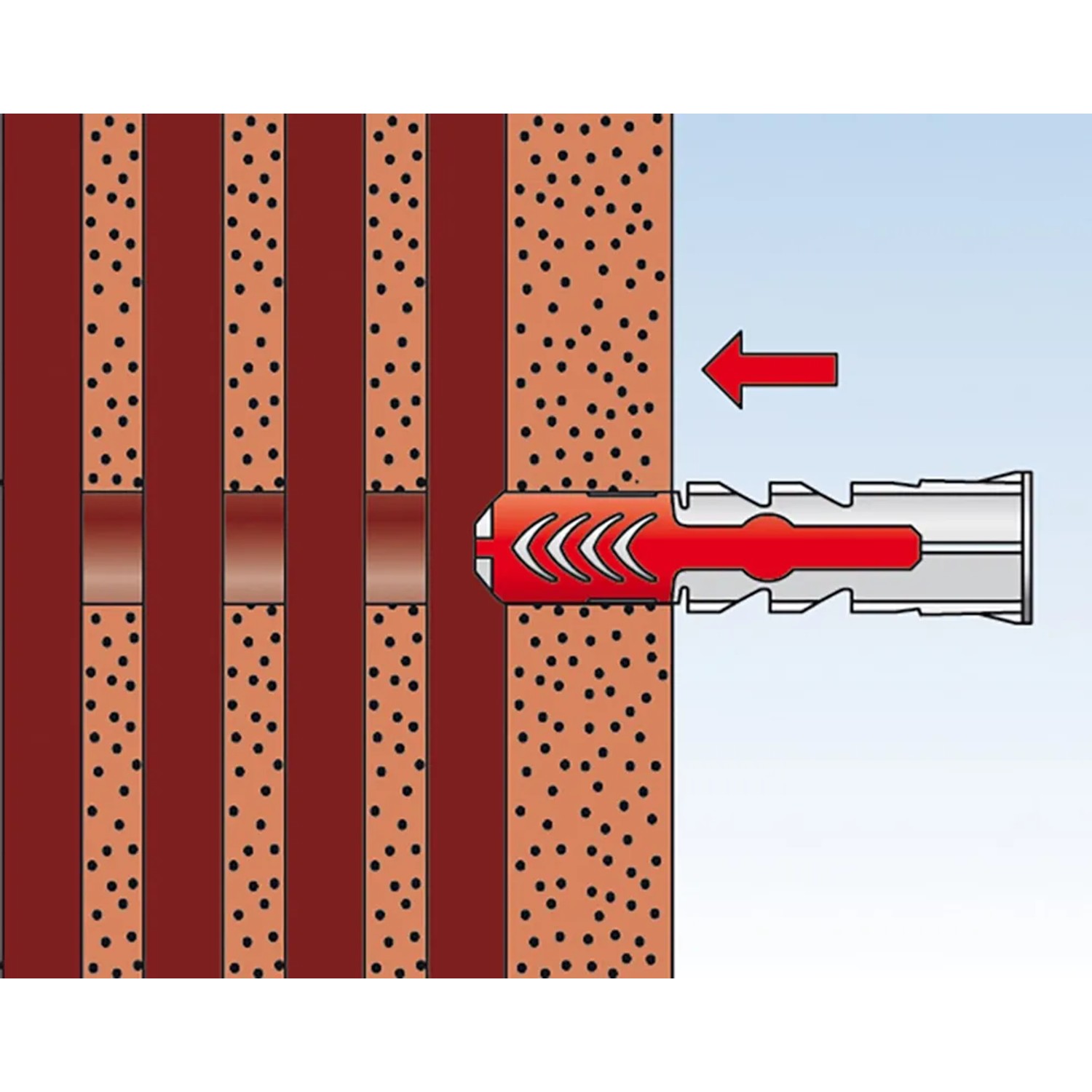 Illustration: Fischer Duopower Dübel 8x65 mit Schraube im Einsatz in einer Wand.
