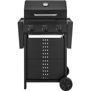 Schwarzer Gasgrill Cumbre mit 3 Brennern, Thermometer und Rollen für einfachen Transport.