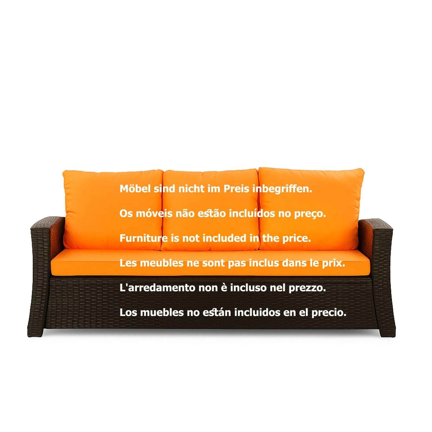 Orangefarbenes Gartenkissen-Set für 3-Sitzer Polyrattan-Gartensofa.