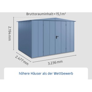Ecostar Gerätehaus Elegant, Taubenblau, mit Doppeltür und Satteldach. Metall Gerätehaus.