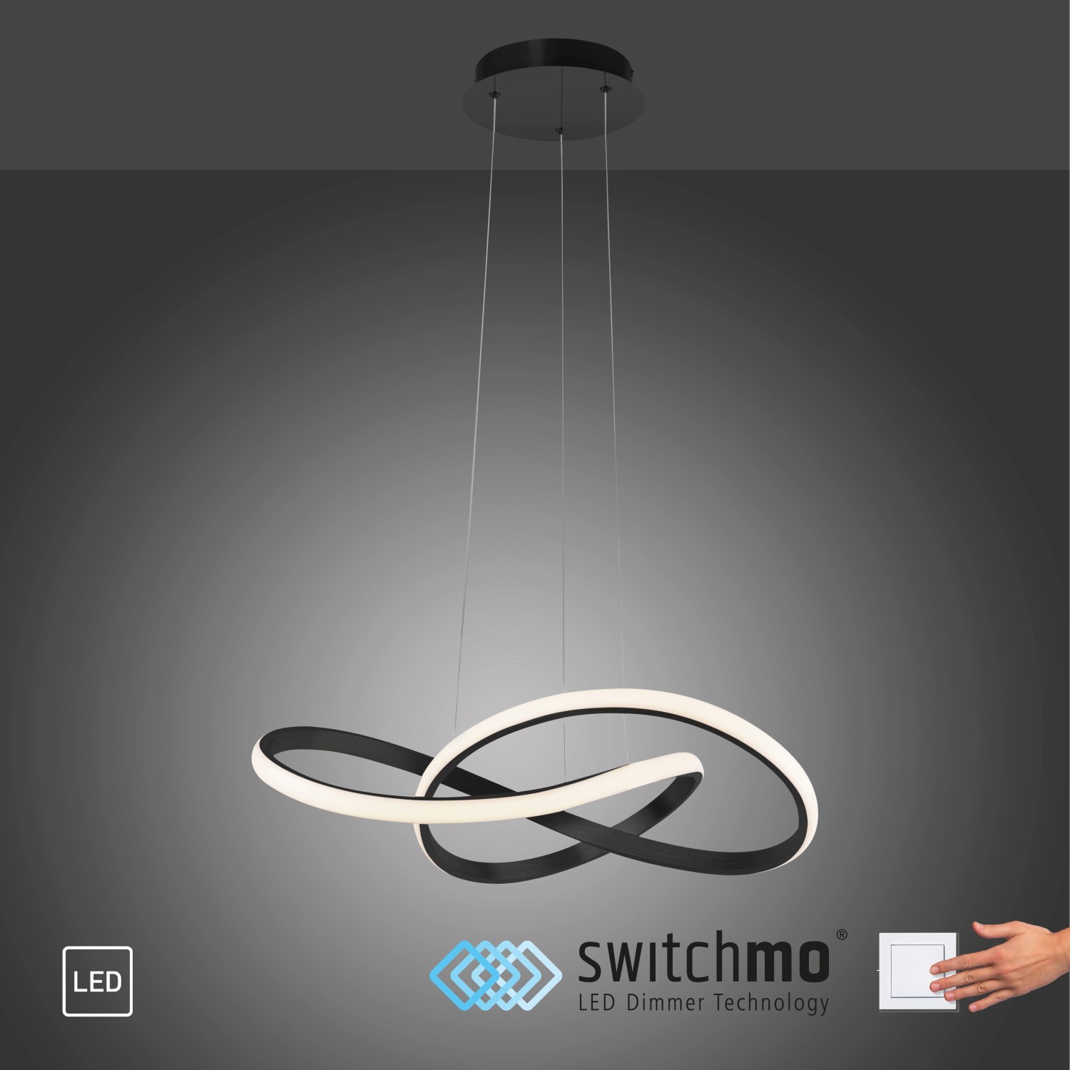 Moderne, schwarze LED-Pendelleuchte Maria mit geschwungenem Design für Wohnräume.