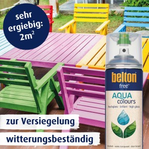 Belton Free AQUAcolours Klarlack Spraydose vor farbig lackiertem Tisch und Stühlen im Außenbereich.