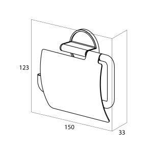 Skizze: Tiger Tune Toilettenpapierhalter mit Deckel, Messing gebürstet/Schwarz, Maße 123x150x33 mm.