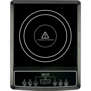 Schwarzes Induktionskochfeld mit digitaler Anzeige und Touch-Bedienfeld. Kompakte Kochplatte für Töpfe von 12-20 cm.