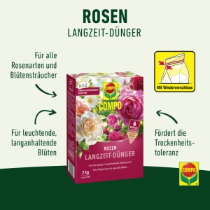 Compo Rosen Langzeit-Dünger 2kg für prächtige Rosen und Blütensträucher.