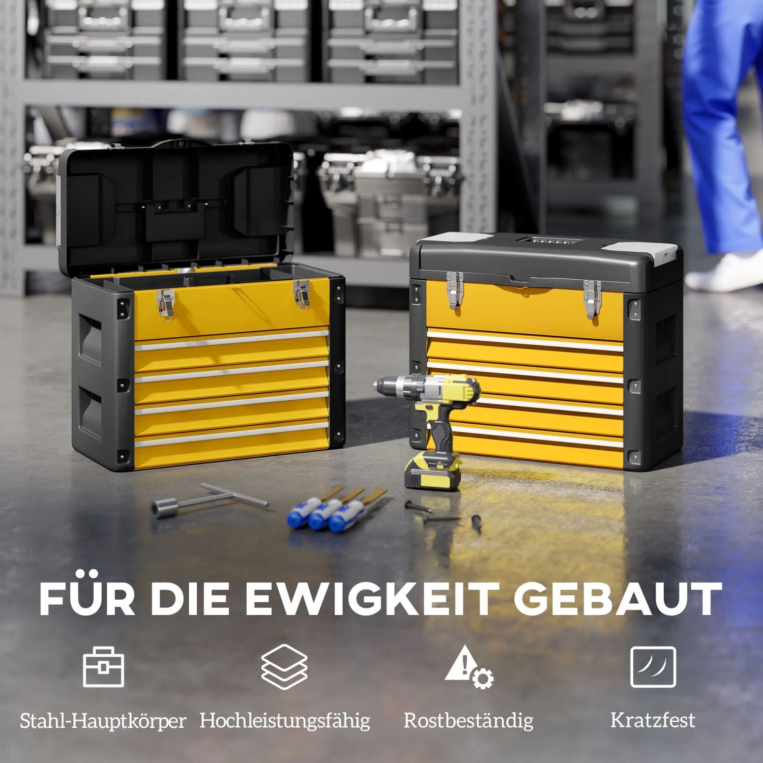 Gelb-schwarze Werkzeugkiste aus Stahl/Kunststoff mit Schubladen und offenem Fach. Ideal für Werkstatt und Garage.