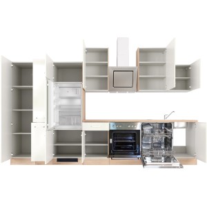 Flex-Well Küchenzeile Valero 360 cm, Hochglanz Weiß und Sonoma Eiche, mit E-Geräten wie Herd, Kühlschrank und Geschirrspüler.