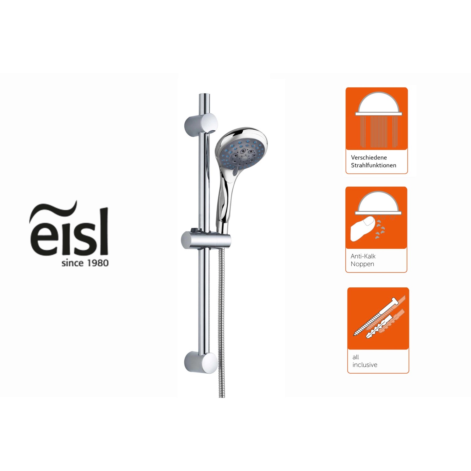 Eisl WELLY Stangenbrauseset Chrom: Brausestange mit Handbrause und 5 Strahlarten, Antikalk-Noppen.
