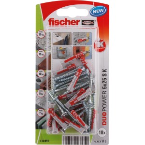 Fischer Duopower 5X25 S K Dübel Set, bestehend aus Dübeln und Schrauben.