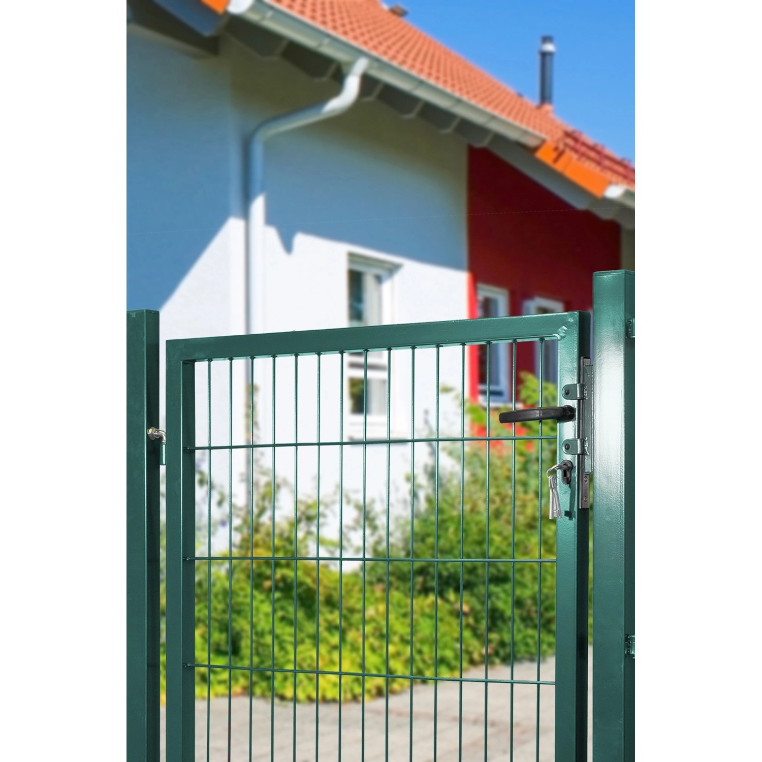 Grünes Stahl Einzeltor mit Doppelstabmatte, 100x100 cm, Schloss und Zylinder inklusive.