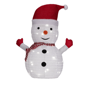 3D Schneemann mit 30 warmweißen LEDs, weiß-rot, für festliche Weihnachtsdekoration im Außenbereich.