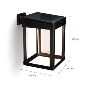 Eckige, schwarze Philips Solar-Wandleuchte Camill mit Solarpanel und Maßen.