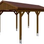 Skan Holz Carport Fichtelberg mit roten Schindeln und Nussbaum-Optik.