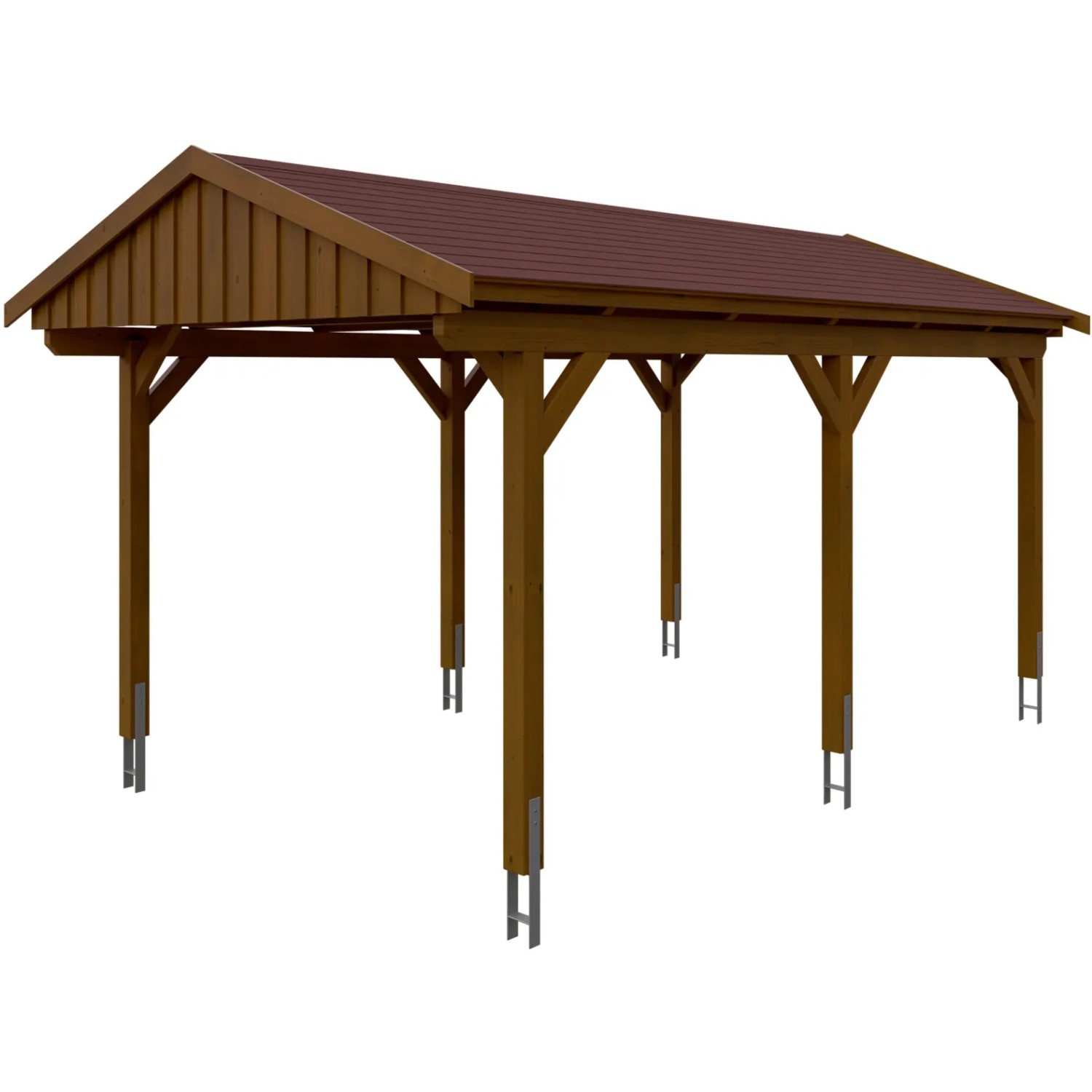 Skan Holz Carport Fichtelberg mit roten Schindeln und Nussbaum-Optik.