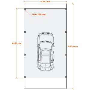 Skizze des Holzbrüder Camping-Carport Ralf, Chromoxidgrün, 400x800cm, mit Maßangaben und Wohnmobil.