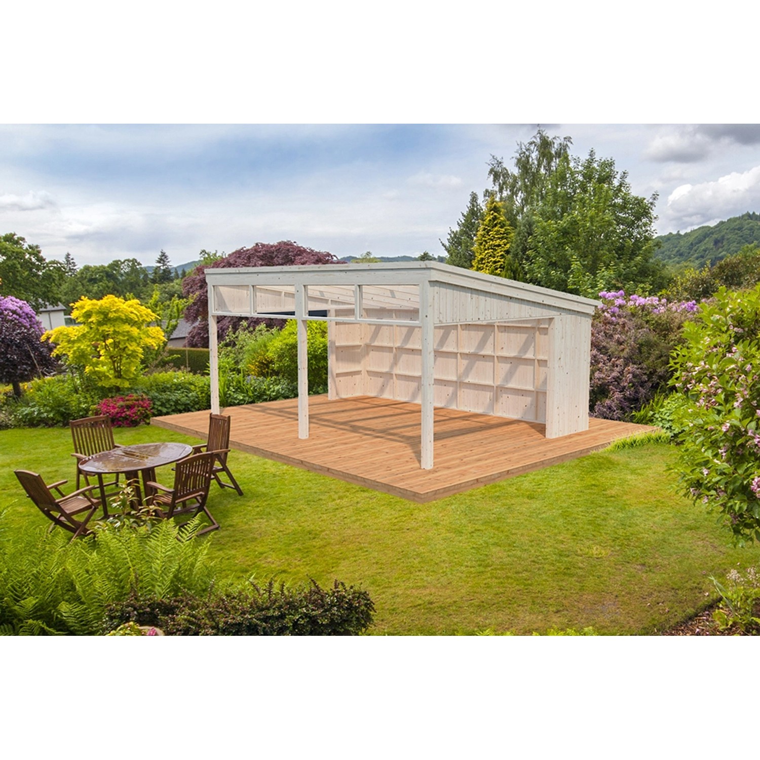 Palmako Pavillon Nova 21,5 m² aus unbehandeltem Holz im Garten. Ideal für Sommerabende.