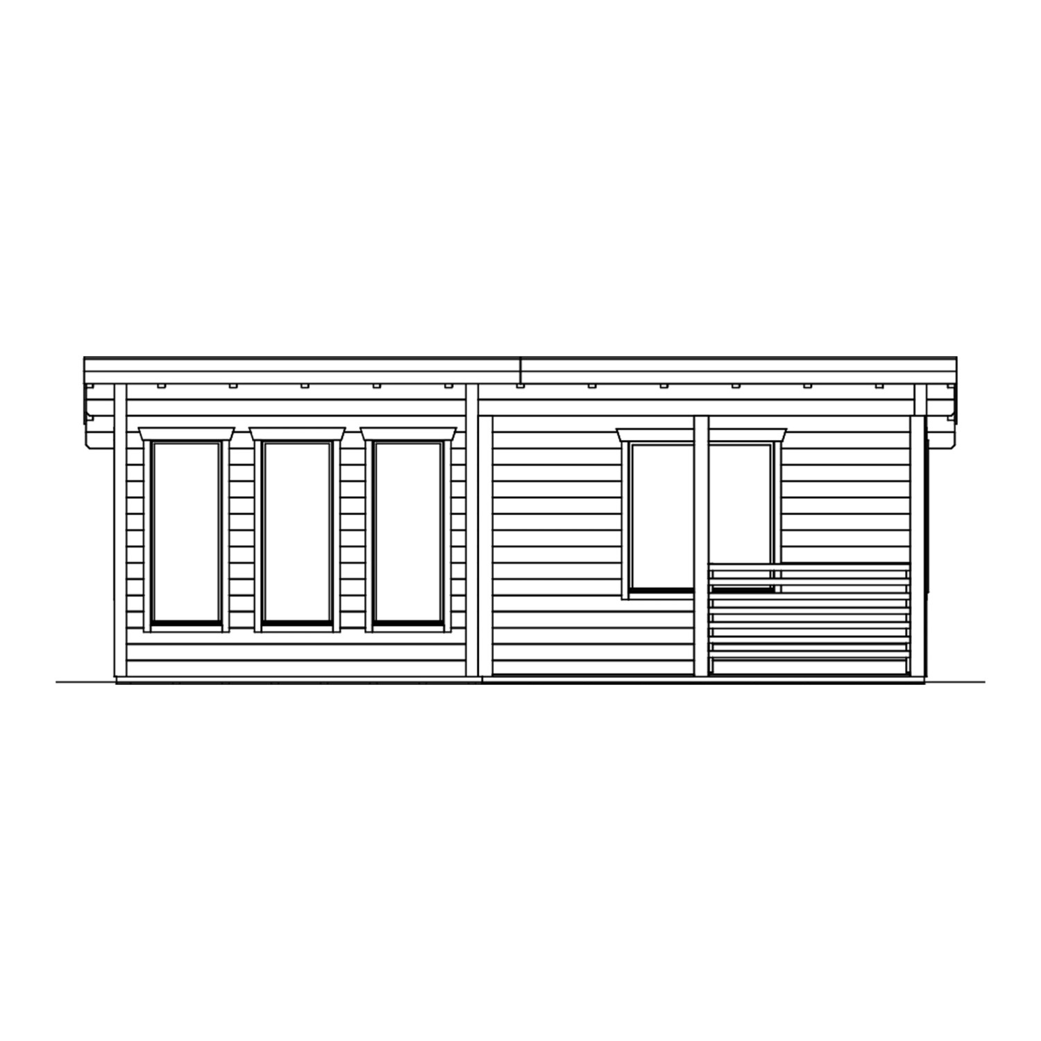 Illustration des Skan Holz Gartenhaus Arnheim 670x444 cm in Schiefergrau, Seitenansicht.