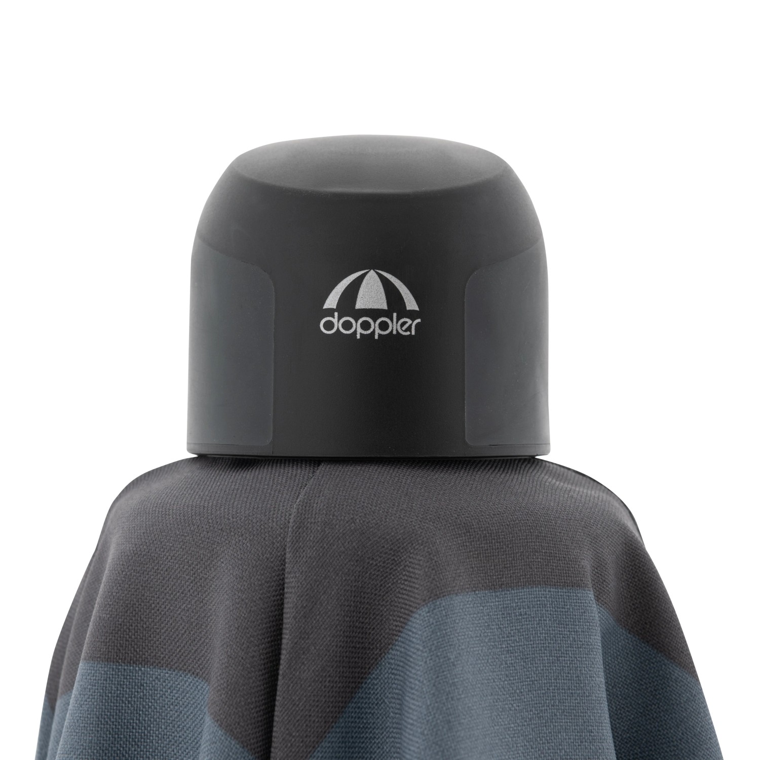 Detailaufnahme: Doppler Marktschirm MyZone blau-grau, Oberteil mit Logo.