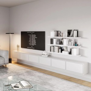 Weißes, wandmontiertes Selsey TV-Hängeboard Framme (300 cm) mit grifflosen Fronten und Push-to-Open-System in modernem Wohnzimmer.