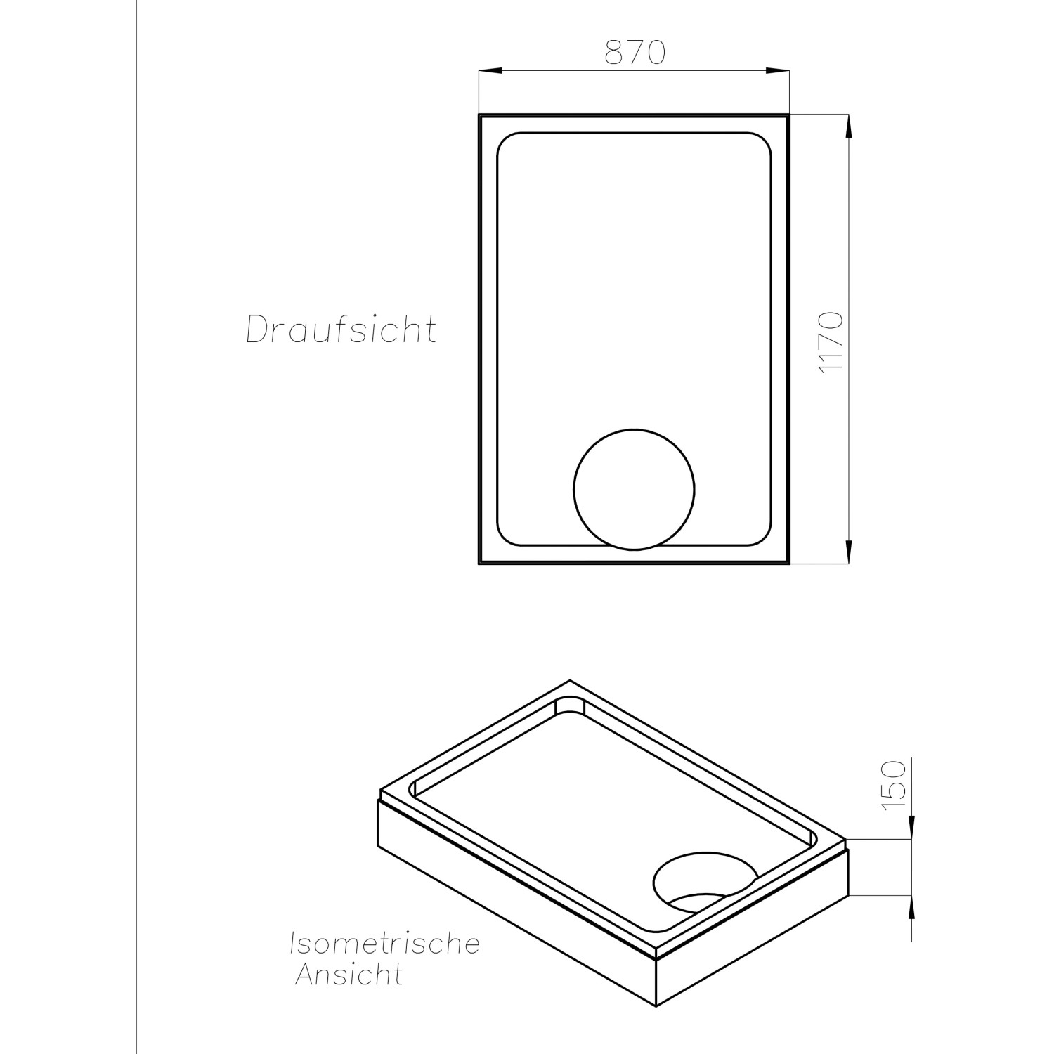 Technische Zeichnung Ottofond Wannenträger Plateau 120x90 cm für Duschwanne, Maße und Ansichten.