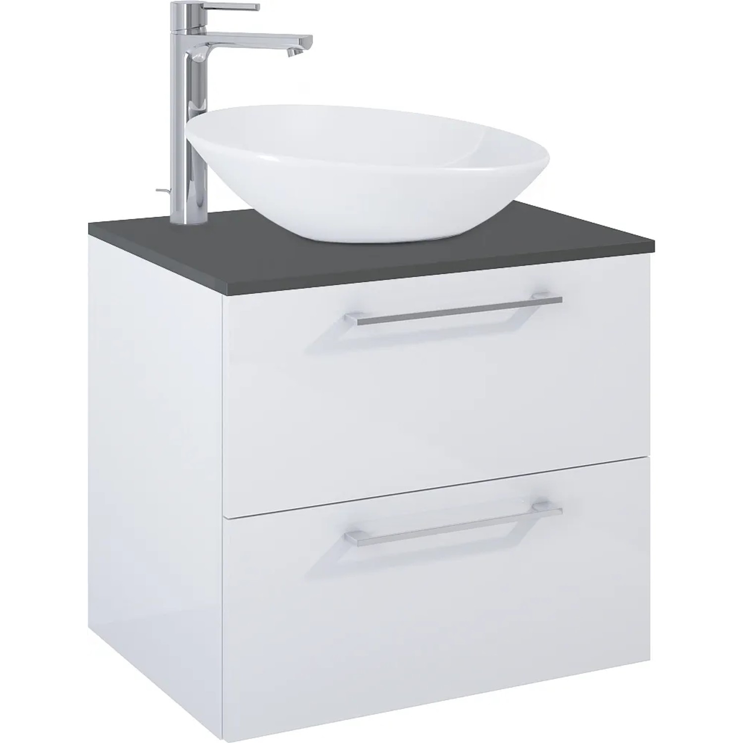 Maximus Waschbeckenunterschrank Stylo, weiß hochglanz, 60 cm mit Aufsatzwaschbecken und Armatur.