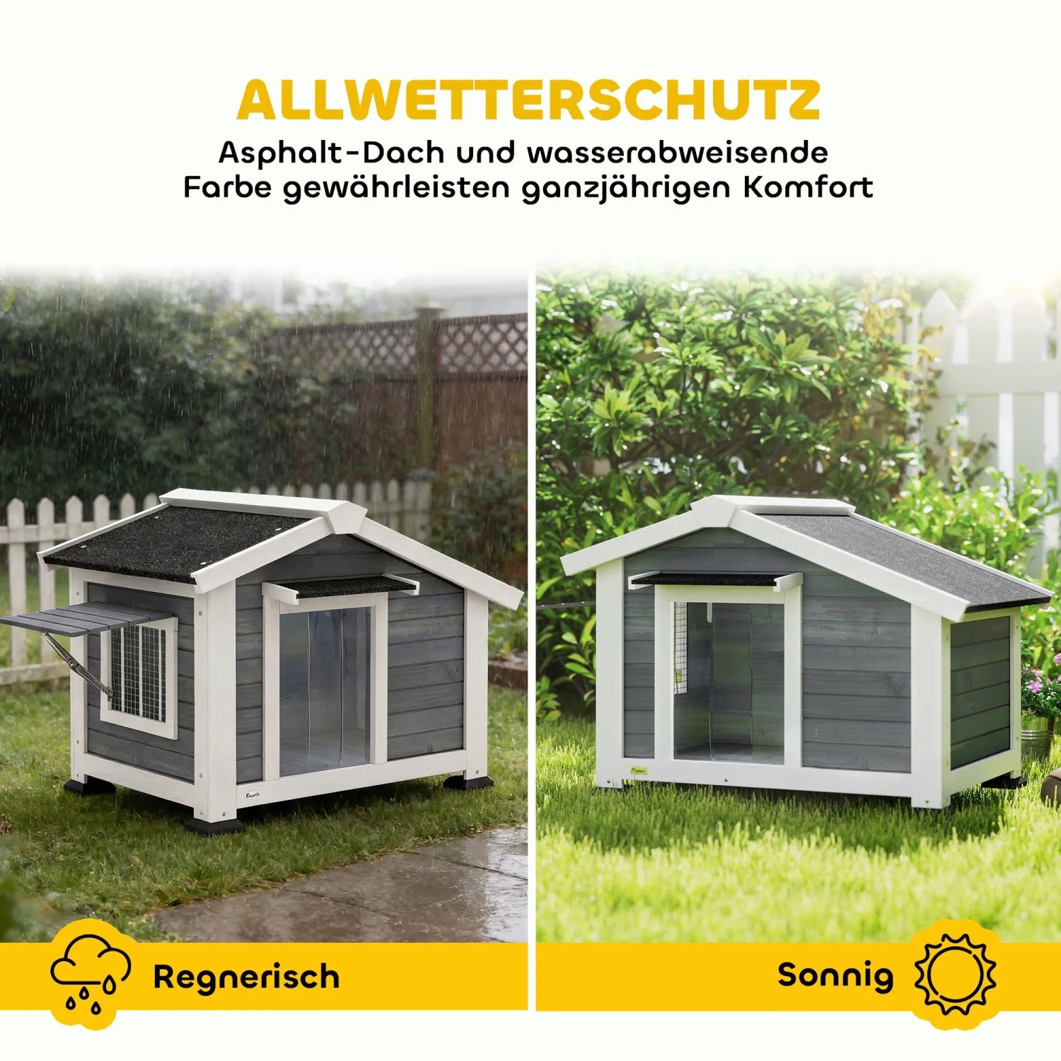 Graue PawHut Hundehütte aus Tannenholz mit weißem Rahmen, schwarzem Dach, Fenster, wetterfest im Garten bei Regen und Sonne.