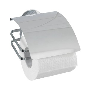 Wenko Turbo-Loc Toilettenpapierhalter Edelstahl mit Abdeckung und einer Rolle Toilettenpapier.