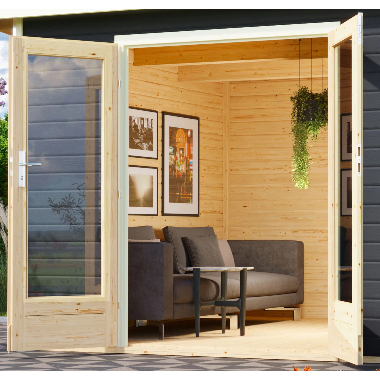 Terragraues Karibu Holz-Gartenhaus Norrköping mit Pultdach und geöffneten Doppeltüren.