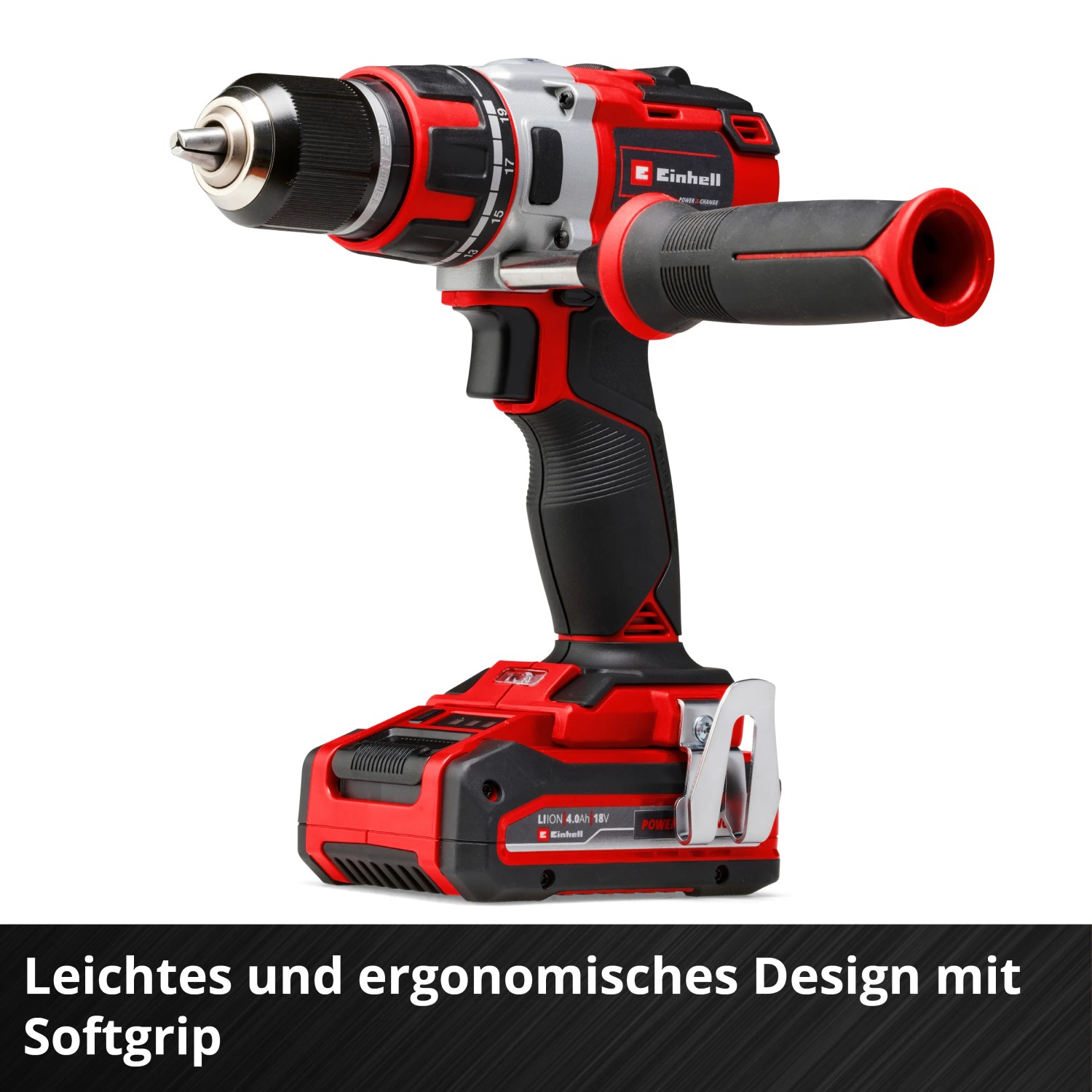 Einhell Akku-Bohrschrauber TP-CD 18/80 Li BL Solo, rot/schwarz, mit Zusatzhandgriff.