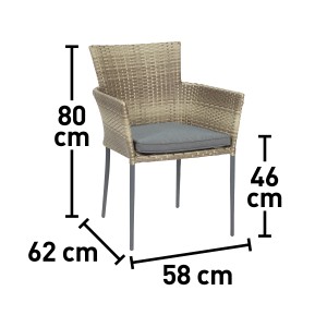 Stapelbarer Gartenstuhl Glenrio aus Polyrattan in Grau mit Armlehnen und Sitzkissen.