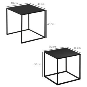 Zwei schwarze, eckige Couchtische aus Stahlgestell in 40x40x40 cm und 35x35x35 cm. Modernes Satztisch-Set für Wohnzimmer.